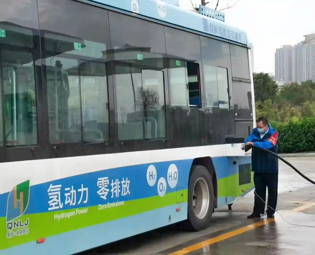 A solarpunk hydrogen bus in Chongqing, China.